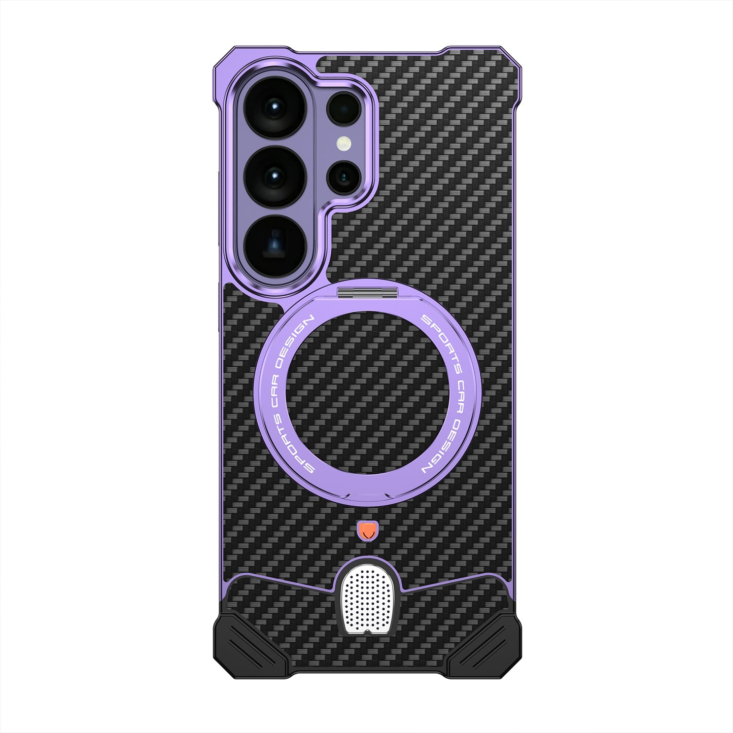 Armor King Hypercar MagSafe Pivot Ring Stand Elastic Buckle Metal+Carbon Fiber Texture Back Case Cover