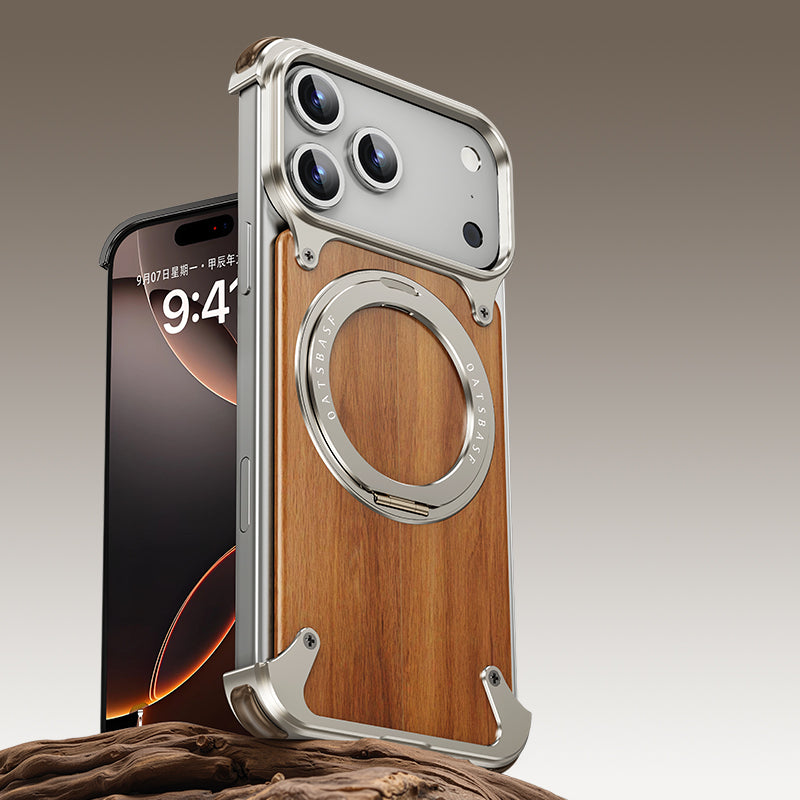 Oatsbasf MagSafe Pivot Ring Stand Air Cushion Metal + Walnut Wood Back Case Cover