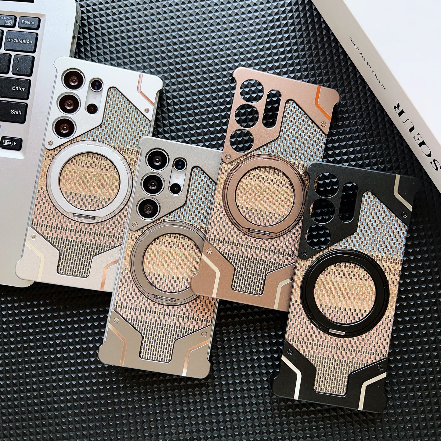 Armor King Bezel-less Armature MagSafe Pivot Ring Stand Armature Golden Silk Silver Brocade Metal Case Cover