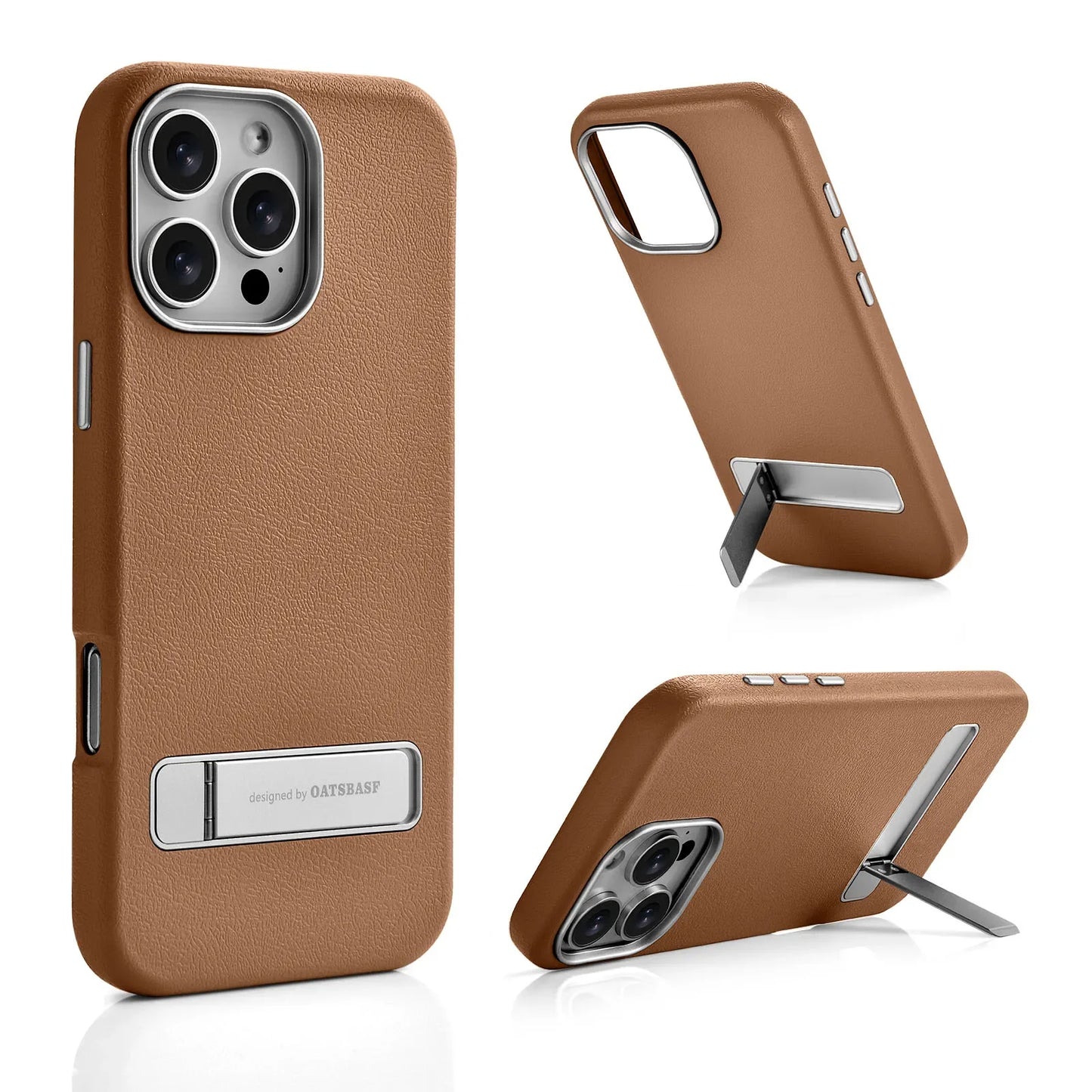 Oatsbasf Adjustable Metal Kickstand Shockproof MagSafe Leather Case Cover