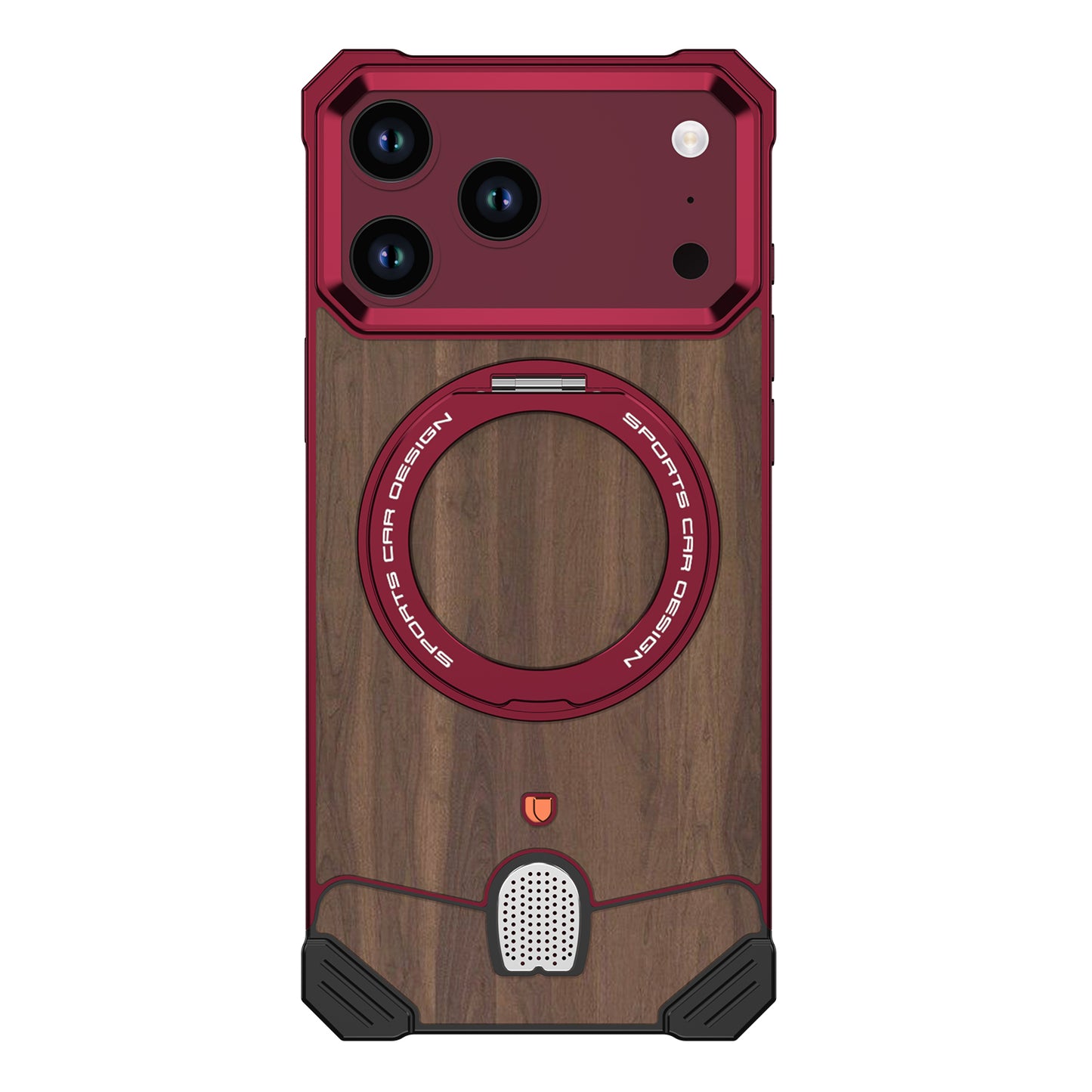 Armor King Hypercar MagSafe Pivot Ring Stand Elastic Buckle Metal+Walnut Texture Back Case Cover