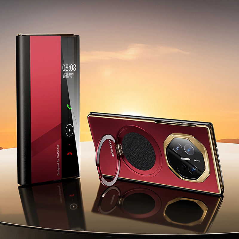 Oatsbasf Metal + Genuine Leather Smart Clear View Flip Cover MagSafe Bracket Case