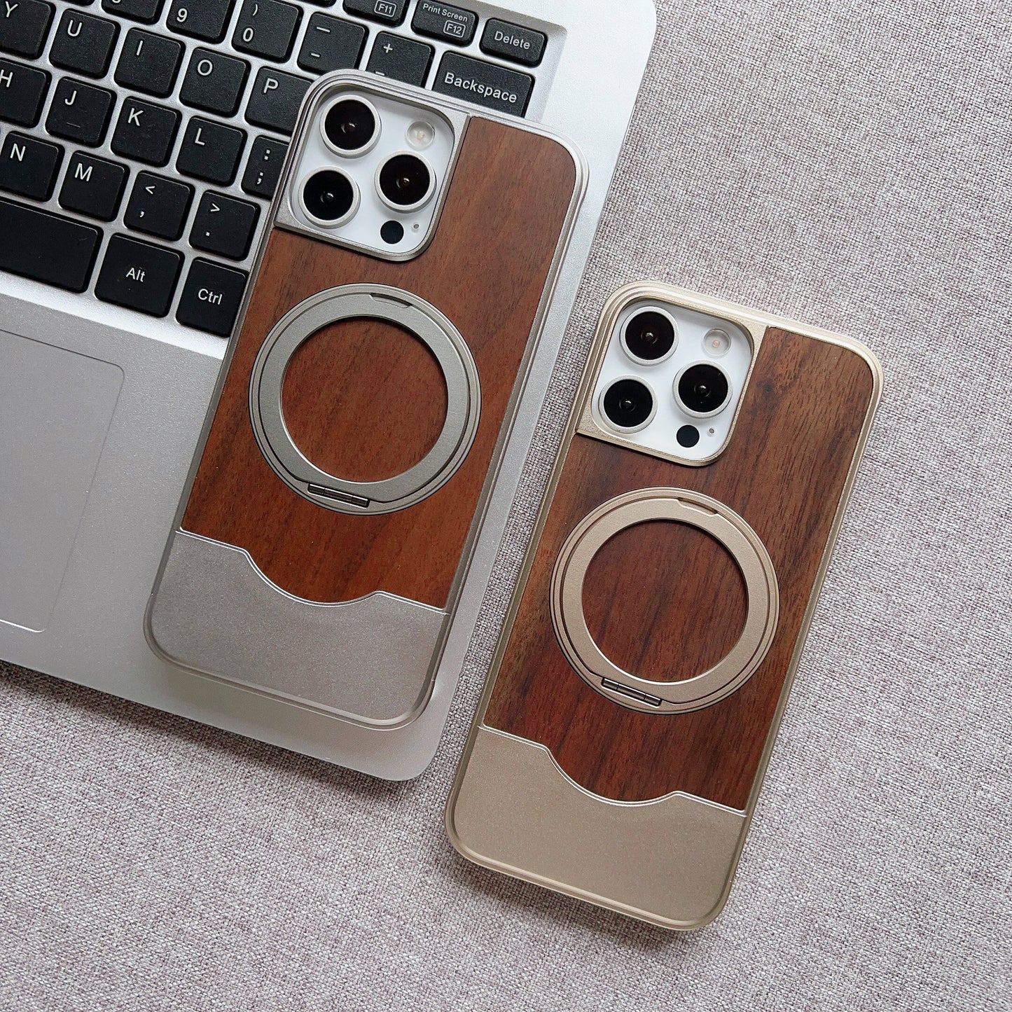 Armor King Bezel-less MagSafe Pivot Ring Stand Metal Alloy + Walnut Wood Telescopic Case Cover