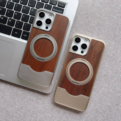 Armor King Bezel-less MagSafe Pivot Ring Stand Metal Alloy + Walnut Wood Telescopic Case Cover