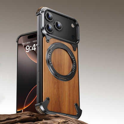 Oatsbasf MagSafe Pivot Ring Stand Air Cushion Metal + Walnut Wood Back Case Cover