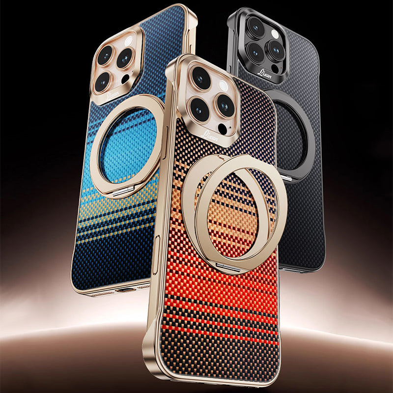 Armor King Bezel-less Aramid Fiber MagSafe Pivot Ring Stand PC Back Case Cover