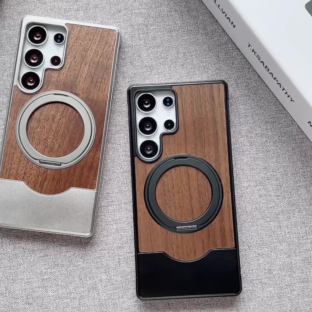 Armor King Bezel-less MagSafe Pivot Ring Stand Metal Alloy + Walnut Wood Telescopic Case Cover
