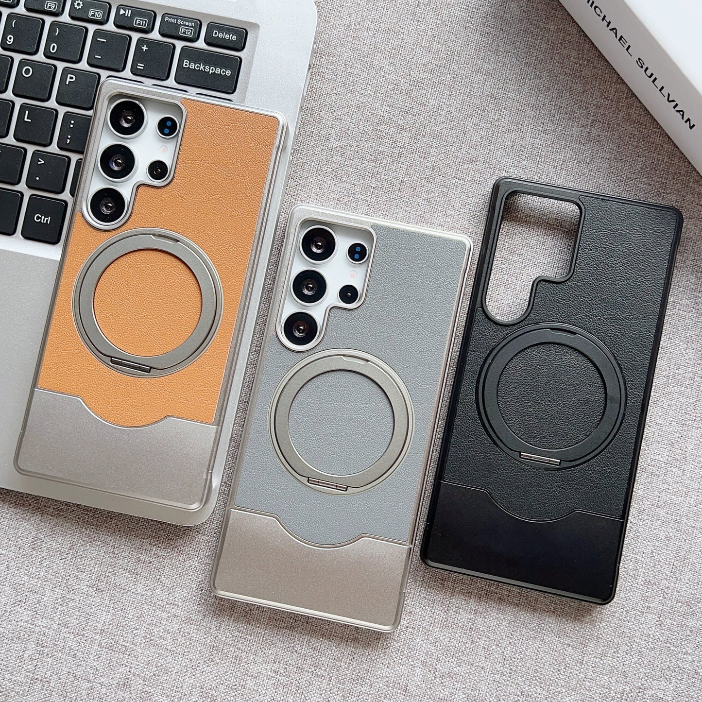 Armor King Bezel-less MagSafe Pivot Ring Stand Metal Alloy + Leather Telescopic Case Cover