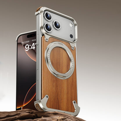 Oatsbasf MagSafe Pivot Ring Stand Air Cushion Metal + Walnut Wood Back Case Cover