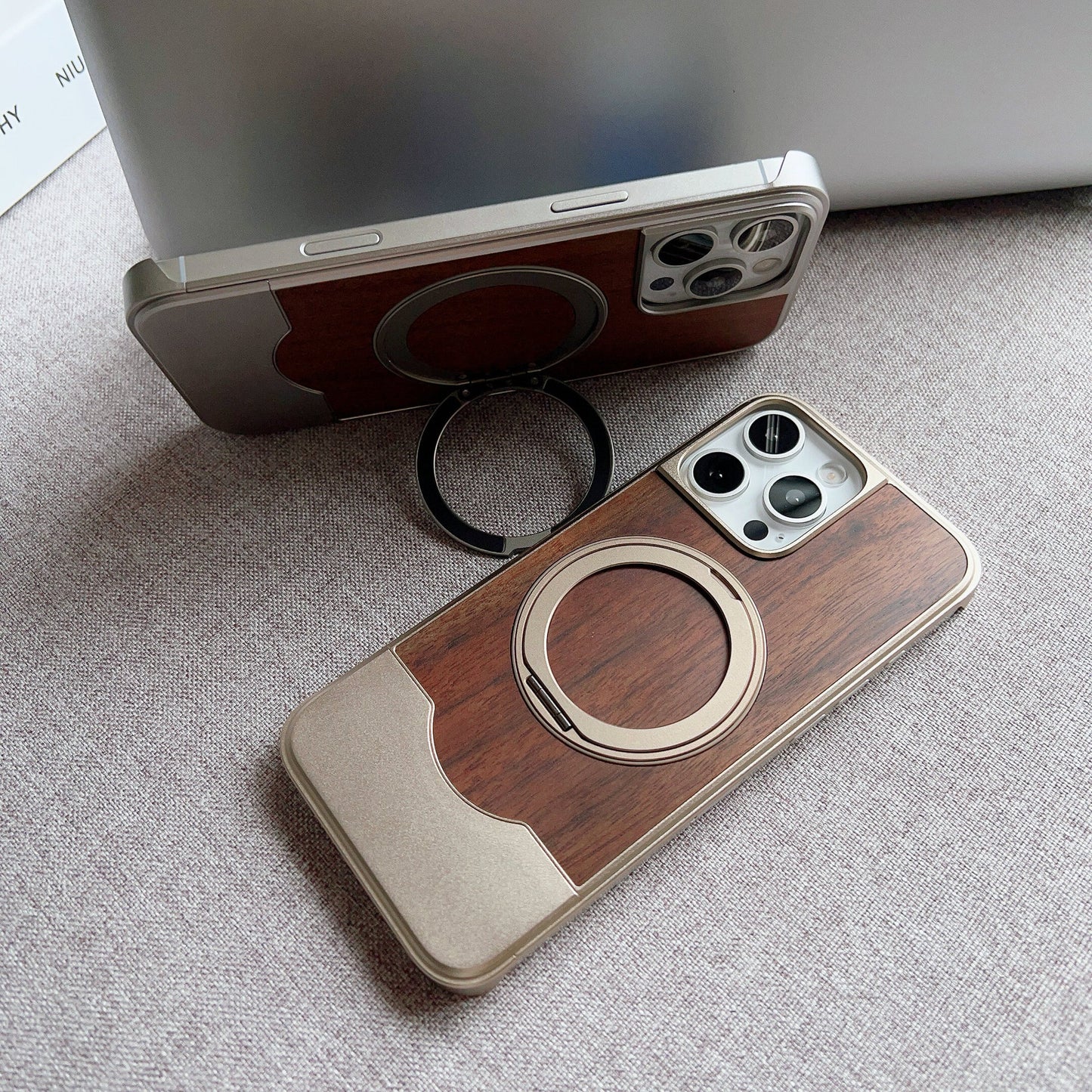 Armor King Bezel-less MagSafe Pivot Ring Stand Metal Alloy + Walnut Wood Telescopic Case Cover