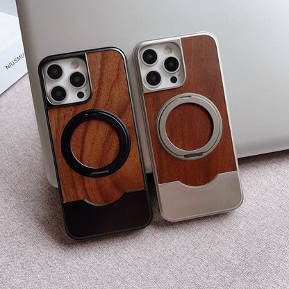 Armor King Bezel-less MagSafe Pivot Ring Stand Metal Alloy + Walnut Wood Telescopic Case Cover