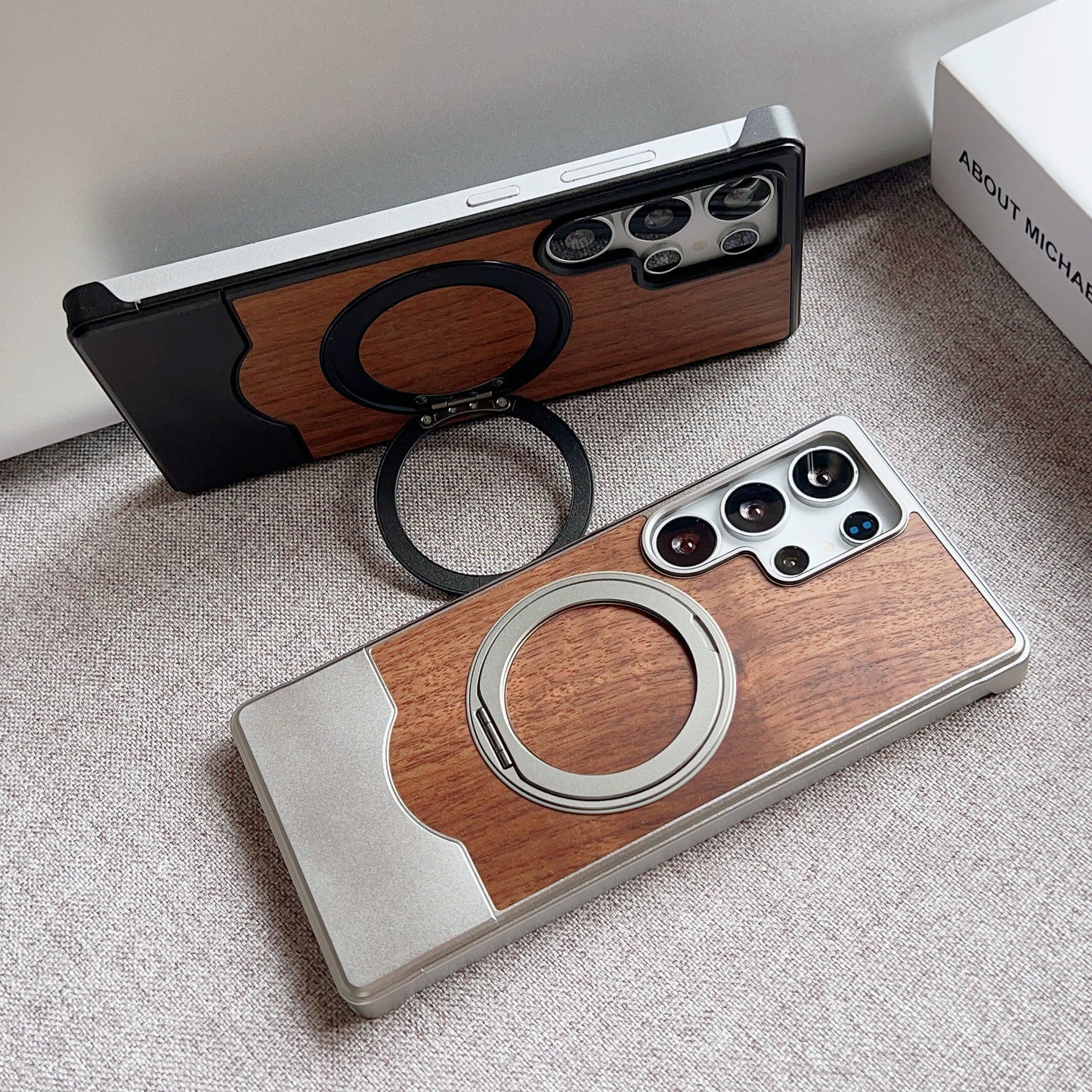Armor King Bezel-less MagSafe Pivot Ring Stand Metal Alloy + Walnut Wood Telescopic Case Cover
