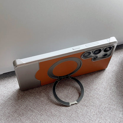 Armor King Bezel-less MagSafe Pivot Ring Stand Metal Alloy + Leather Telescopic Case Cover