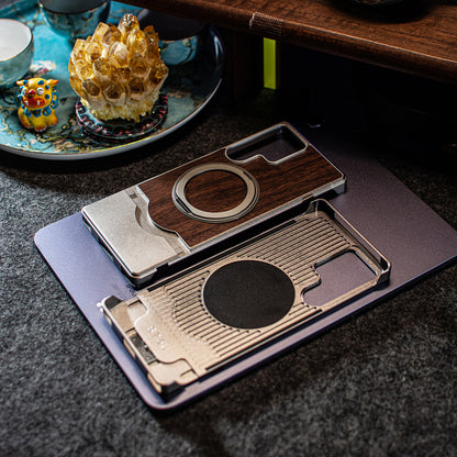 Armor King Bezel-less MagSafe Pivot Ring Stand Metal Alloy + Walnut Wood Telescopic Case Cover