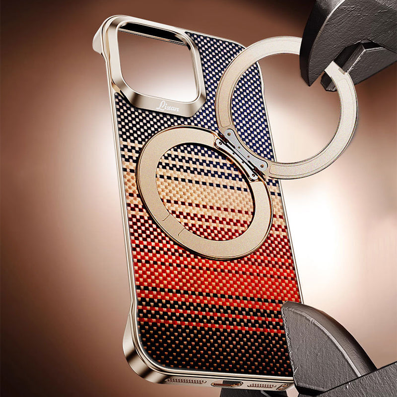 Armor King Bezel-less Aramid Fiber MagSafe Pivot Ring Stand PC Back Case Cover