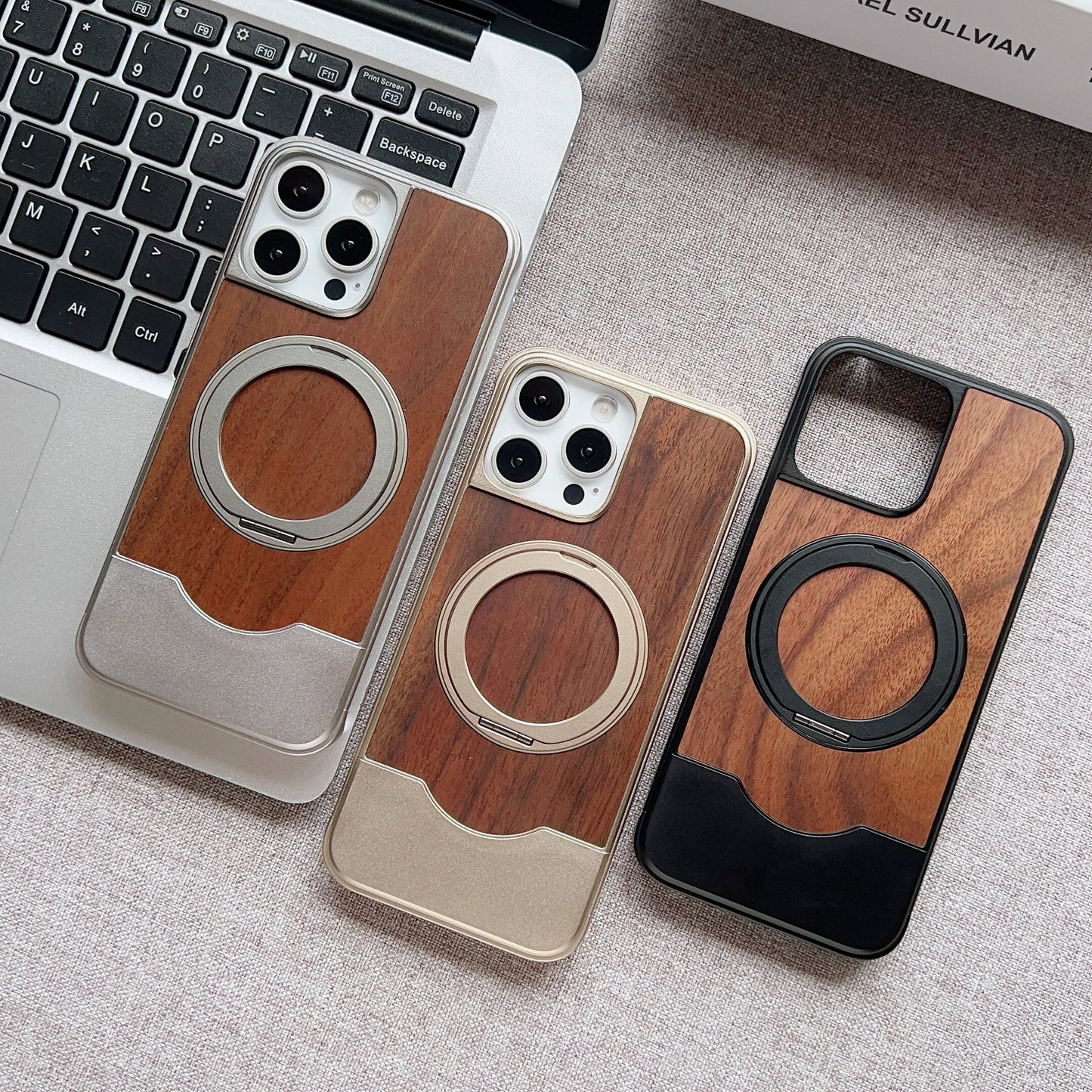 Armor King Bezel-less MagSafe Pivot Ring Stand Metal Alloy + Walnut Wood Telescopic Case Cover