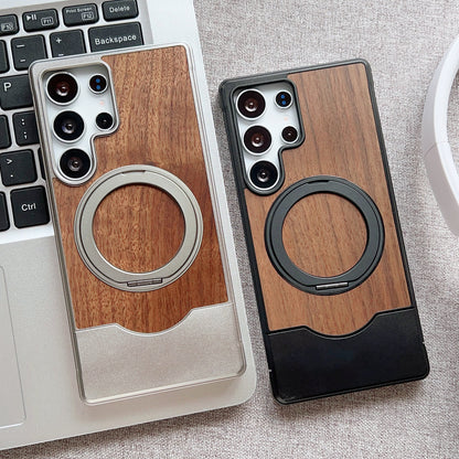 Armor King Bezel-less MagSafe Pivot Ring Stand Metal Alloy + Walnut Wood Telescopic Case Cover