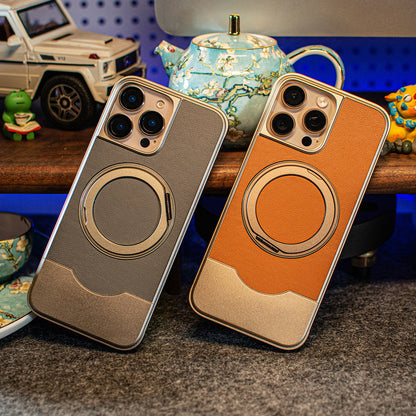 Armor King Bezel-less MagSafe Pivot Ring Stand Metal Alloy + Leather Telescopic Case Cover