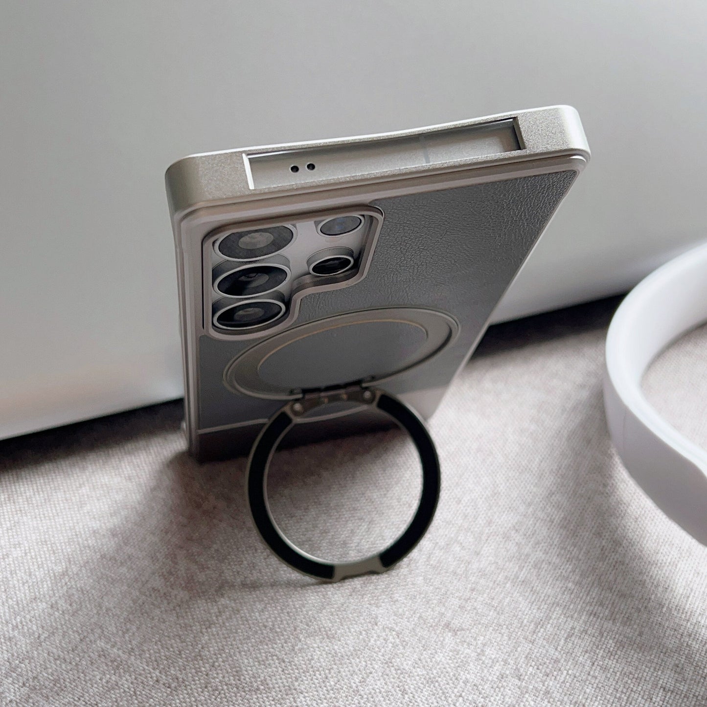 Armor King Bezel-less MagSafe Pivot Ring Stand Metal Alloy + Leather Telescopic Case Cover