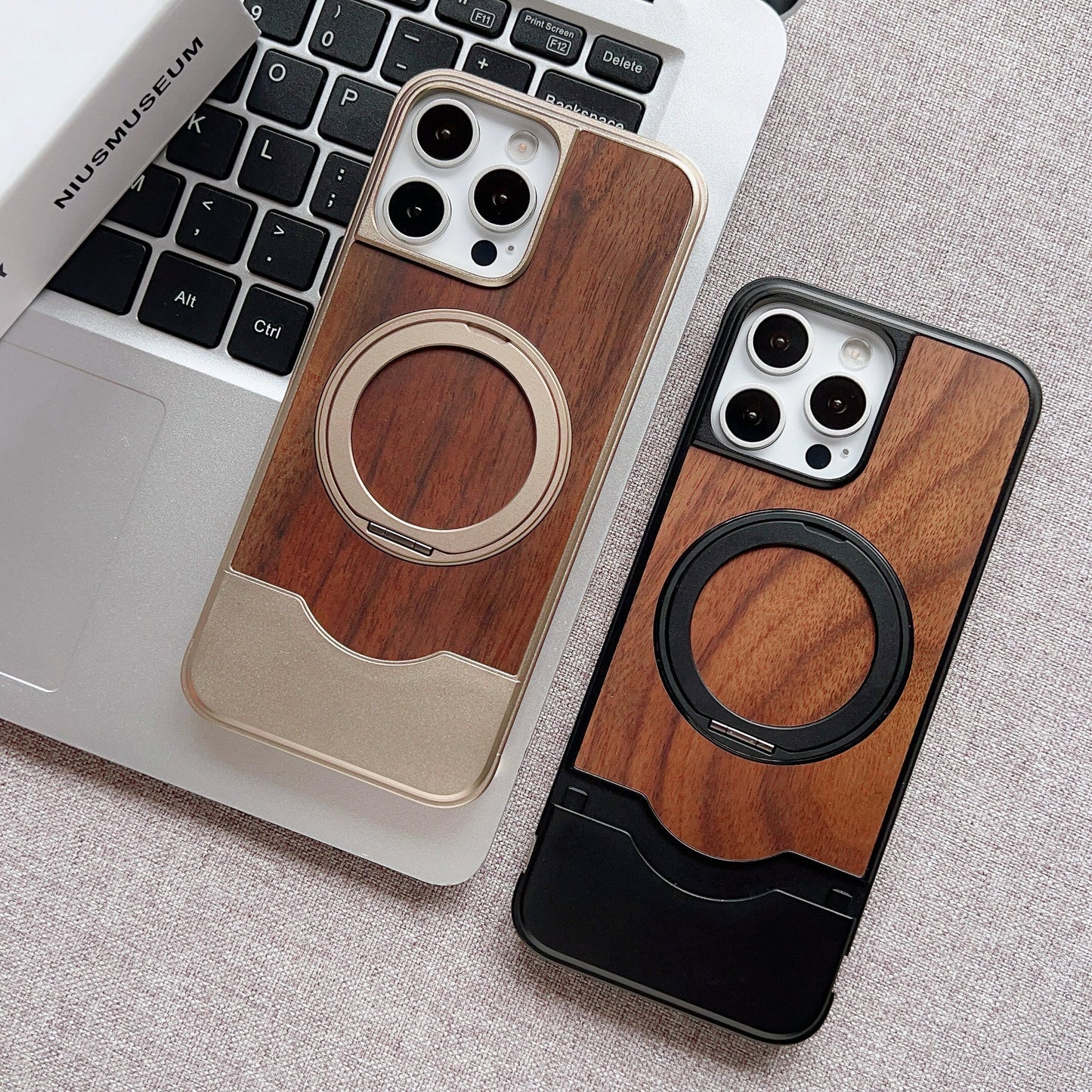 Armor King Bezel-less MagSafe Pivot Ring Stand Metal Alloy + Walnut Wood Telescopic Case Cover