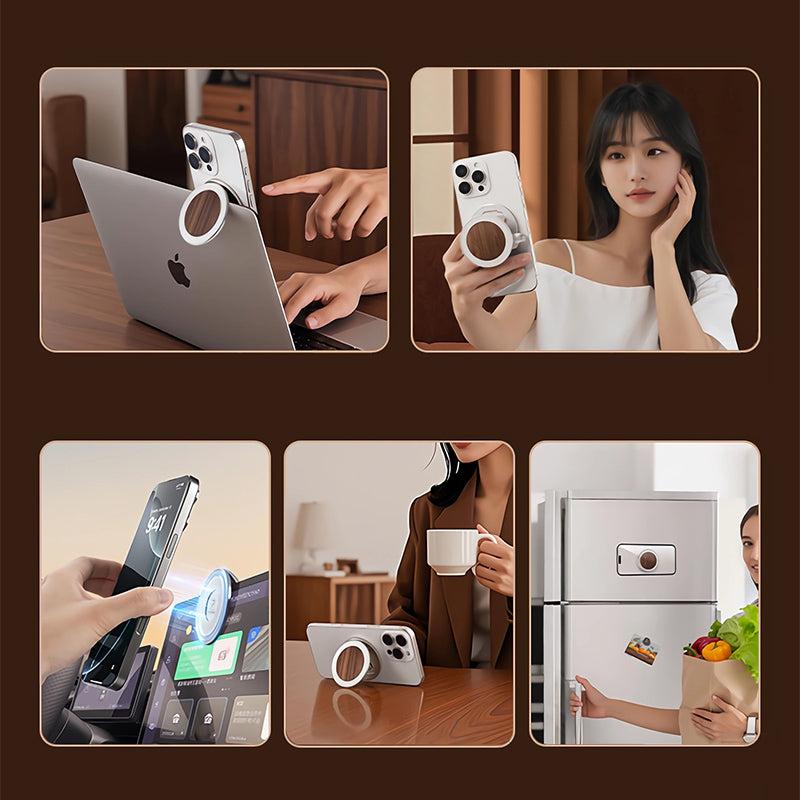 Oatsbasf Wood+Metal Double-sided Magnetic Phone Grip MagSafe Ring Stand