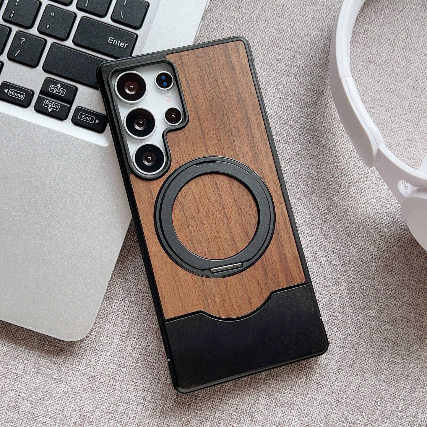 Armor King Bezel-less MagSafe Pivot Ring Stand Metal Alloy + Walnut Wood Telescopic Case Cover