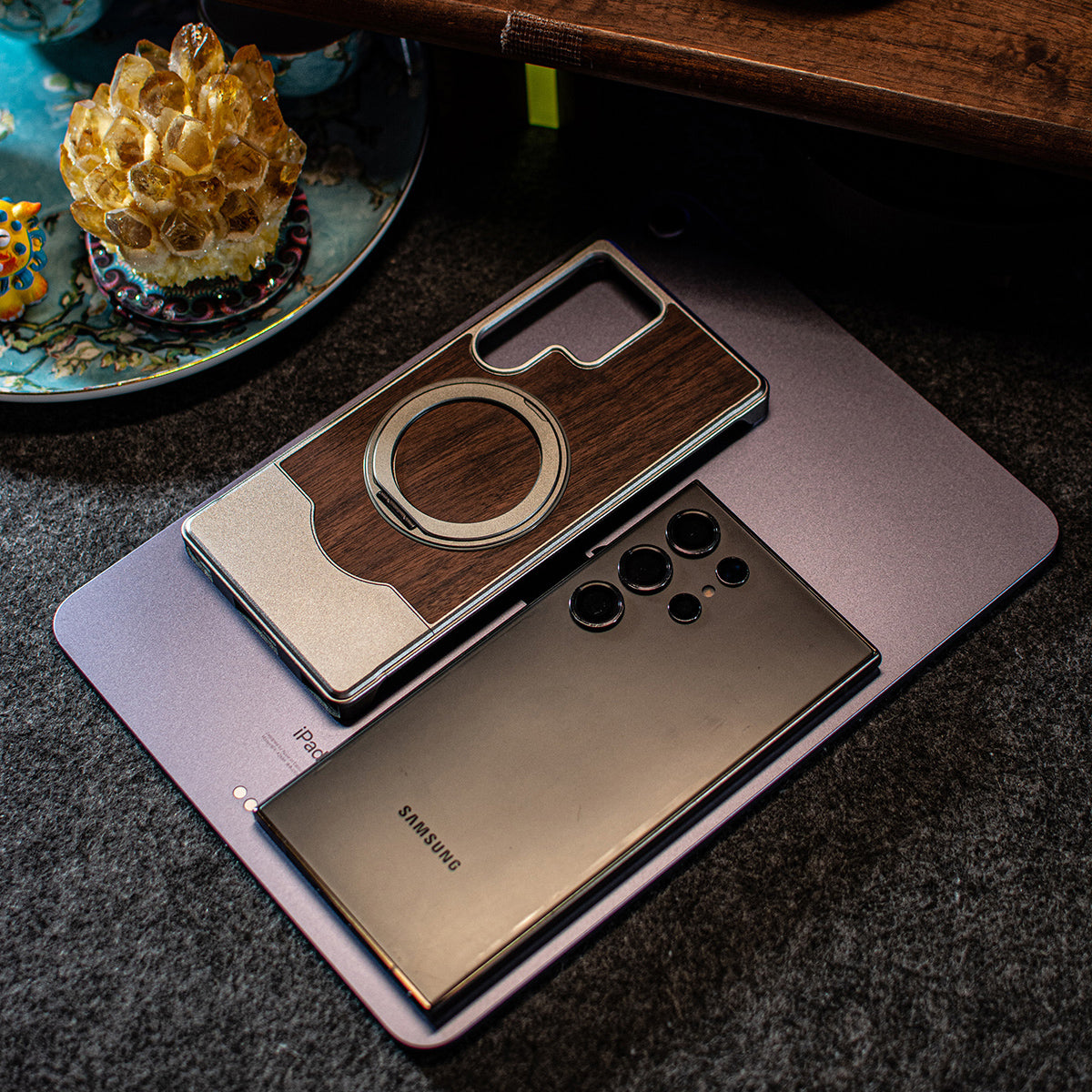 Armor King Bezel-less MagSafe Pivot Ring Stand Metal Alloy + Walnut Wood Telescopic Case Cover