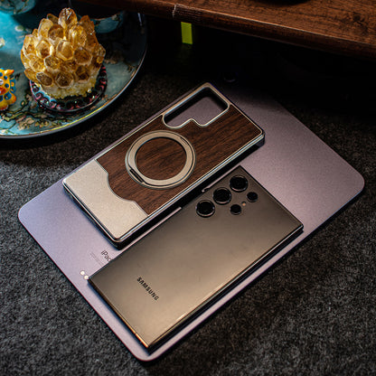 Armor King Bezel-less MagSafe Pivot Ring Stand Metal Alloy + Walnut Wood Telescopic Case Cover