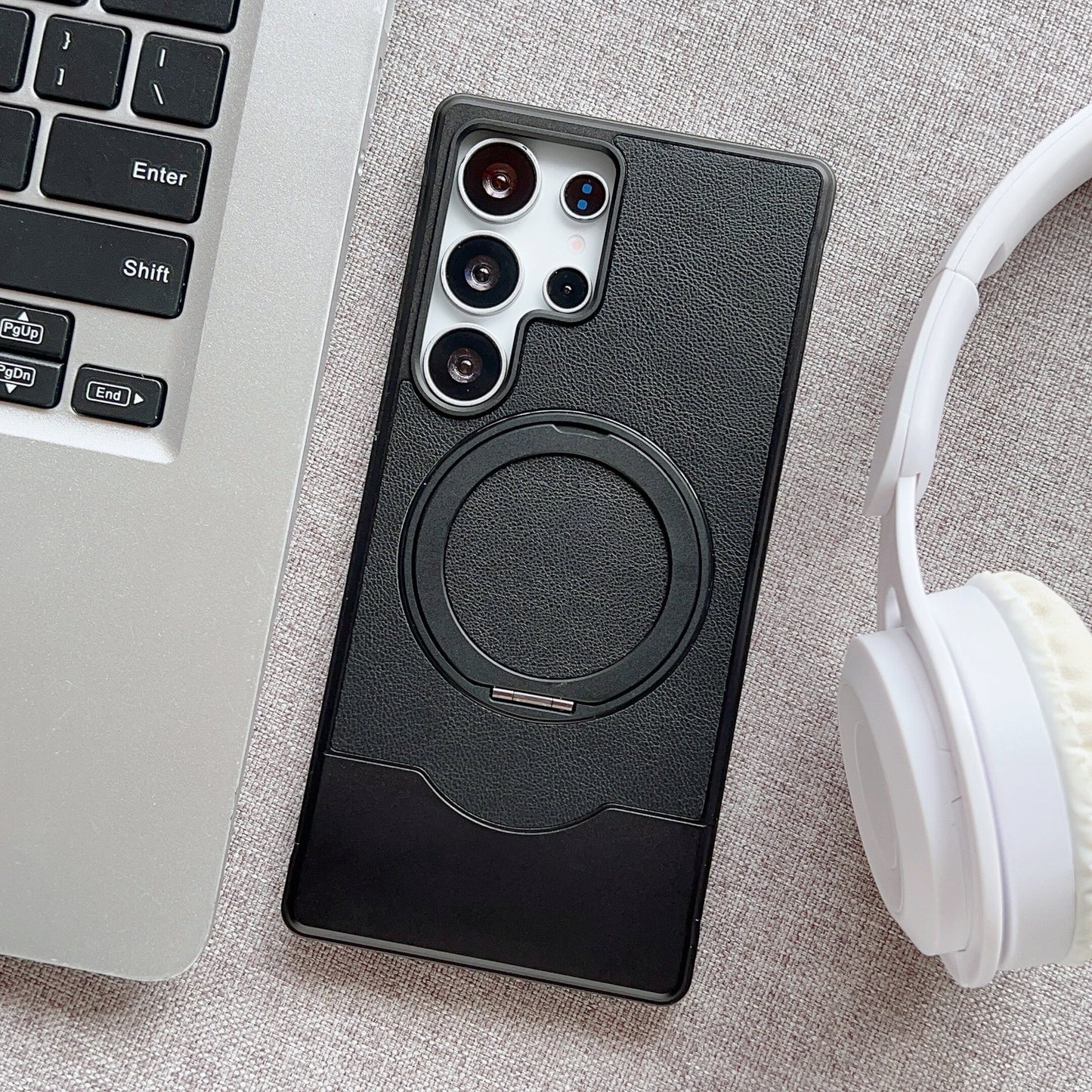 Armor King Bezel-less MagSafe Pivot Ring Stand Metal Alloy + Leather Telescopic Case Cover