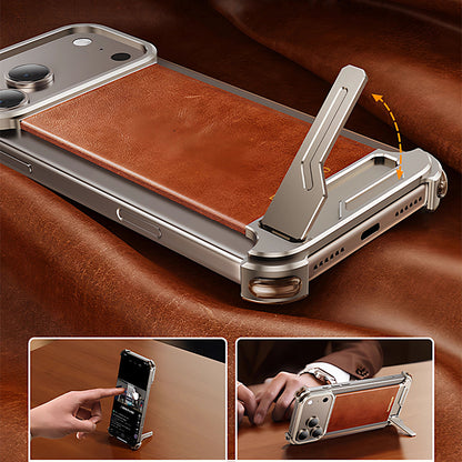 Oatsbasf Yilipi MagSafe Hidden Stand Genuine Leather Frameless Metal Case Cover