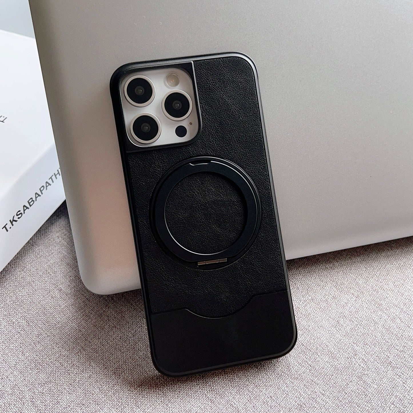 Armor King Bezel-less MagSafe Pivot Ring Stand Metal Alloy + Leather Telescopic Case Cover