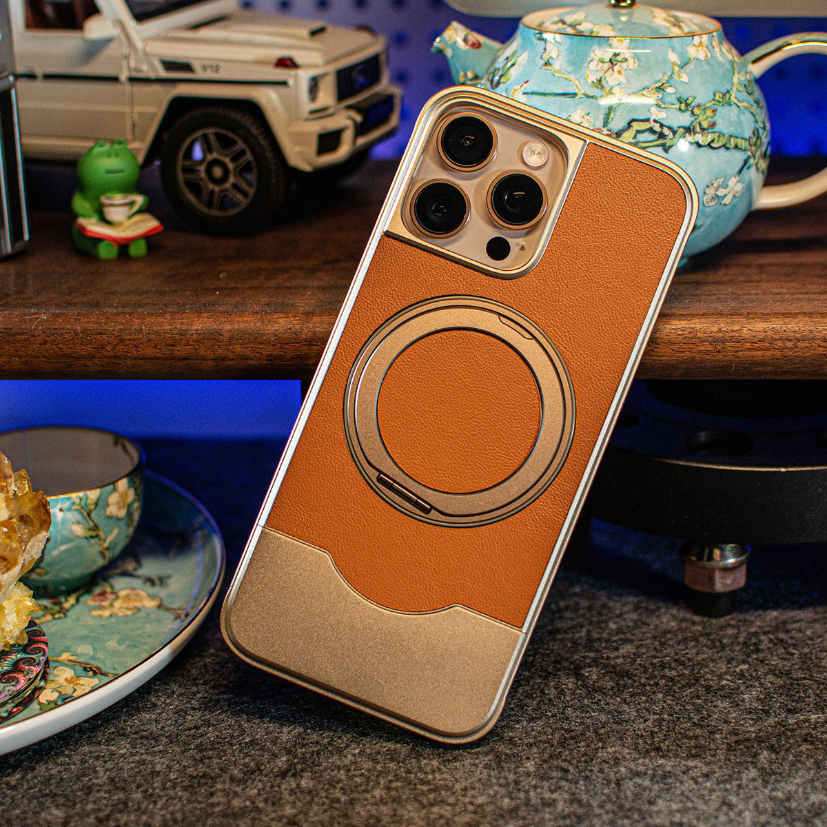 Armor King Bezel-less MagSafe Pivot Ring Stand Metal Alloy + Leather Telescopic Case Cover