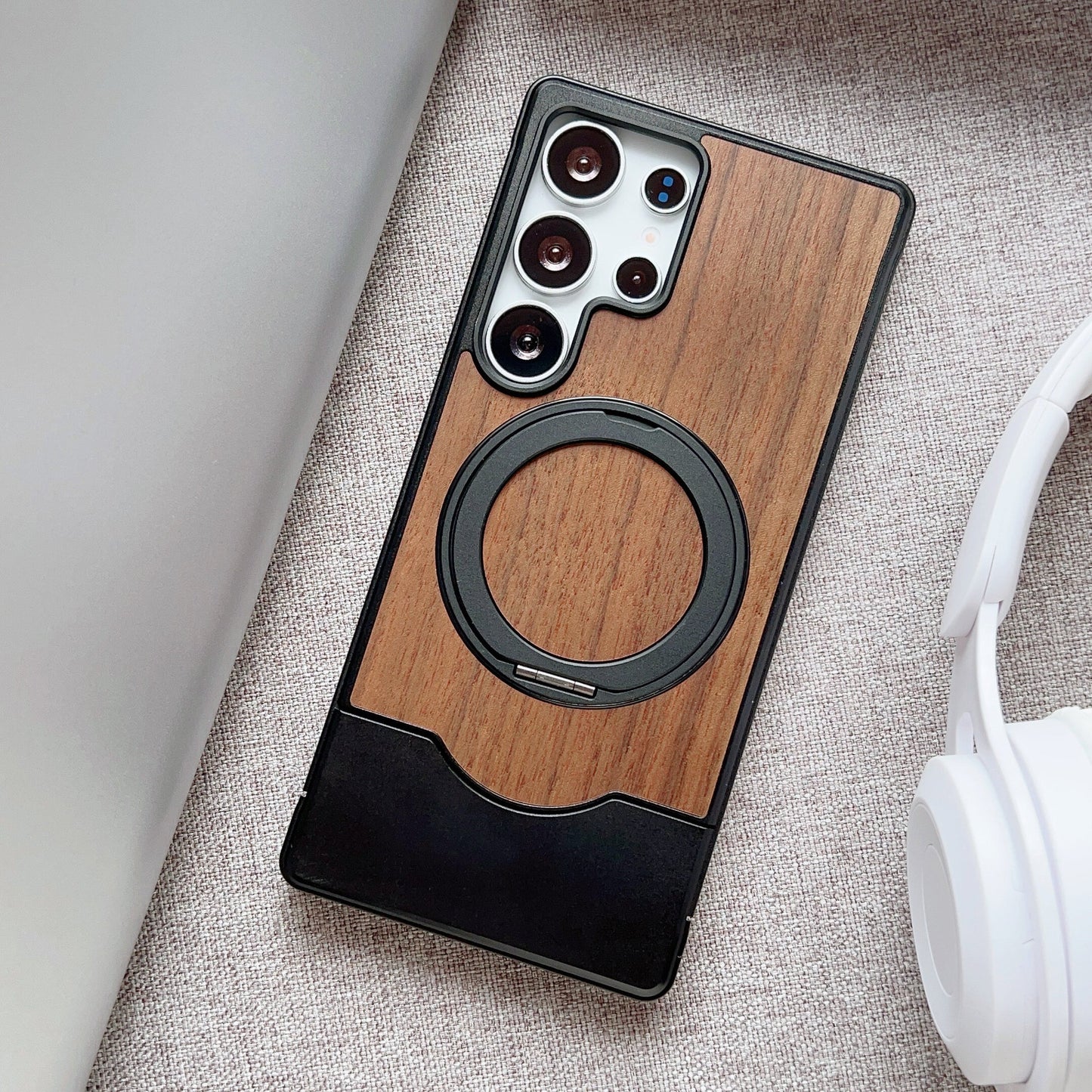 Armor King Bezel-less MagSafe Pivot Ring Stand Metal Alloy + Walnut Wood Telescopic Case Cover