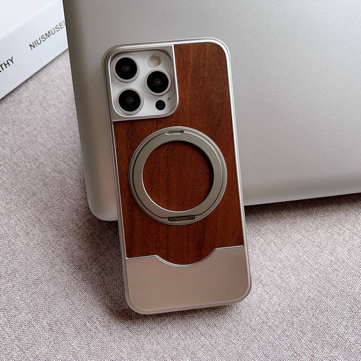 Armor King Bezel-less MagSafe Pivot Ring Stand Metal Alloy + Walnut Wood Telescopic Case Cover