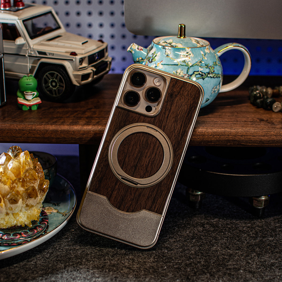 Armor King Bezel-less MagSafe Pivot Ring Stand Metal Alloy + Walnut Wood Telescopic Case Cover