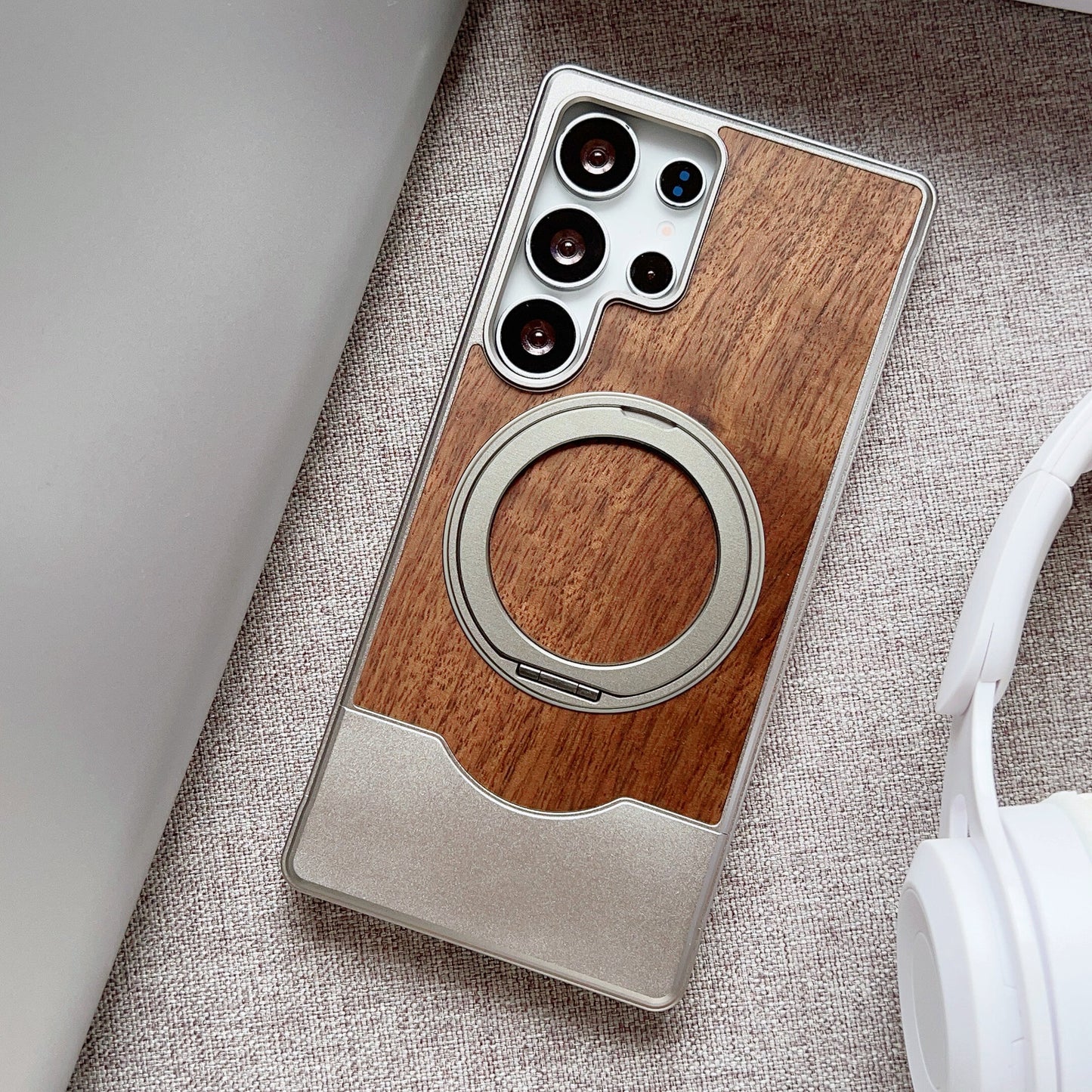 Armor King Bezel-less MagSafe Pivot Ring Stand Metal Alloy + Walnut Wood Telescopic Case Cover