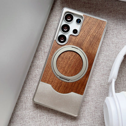 Armor King Bezel-less MagSafe Pivot Ring Stand Metal Alloy + Walnut Wood Telescopic Case Cover