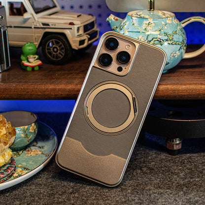 Armor King Bezel-less MagSafe Pivot Ring Stand Metal Alloy + Leather Telescopic Case Cover