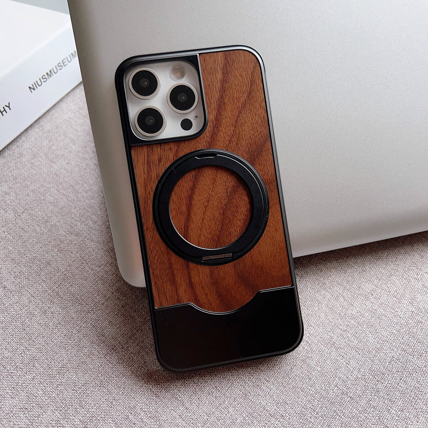 Armor King Bezel-less MagSafe Pivot Ring Stand Metal Alloy + Walnut Wood Telescopic Case Cover