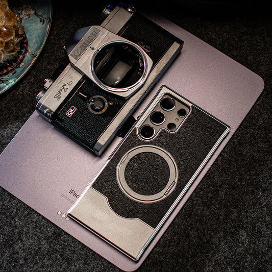 Armor King Bezel-less MagSafe Pivot Ring Stand Metal Alloy + Leather Telescopic Case Cover