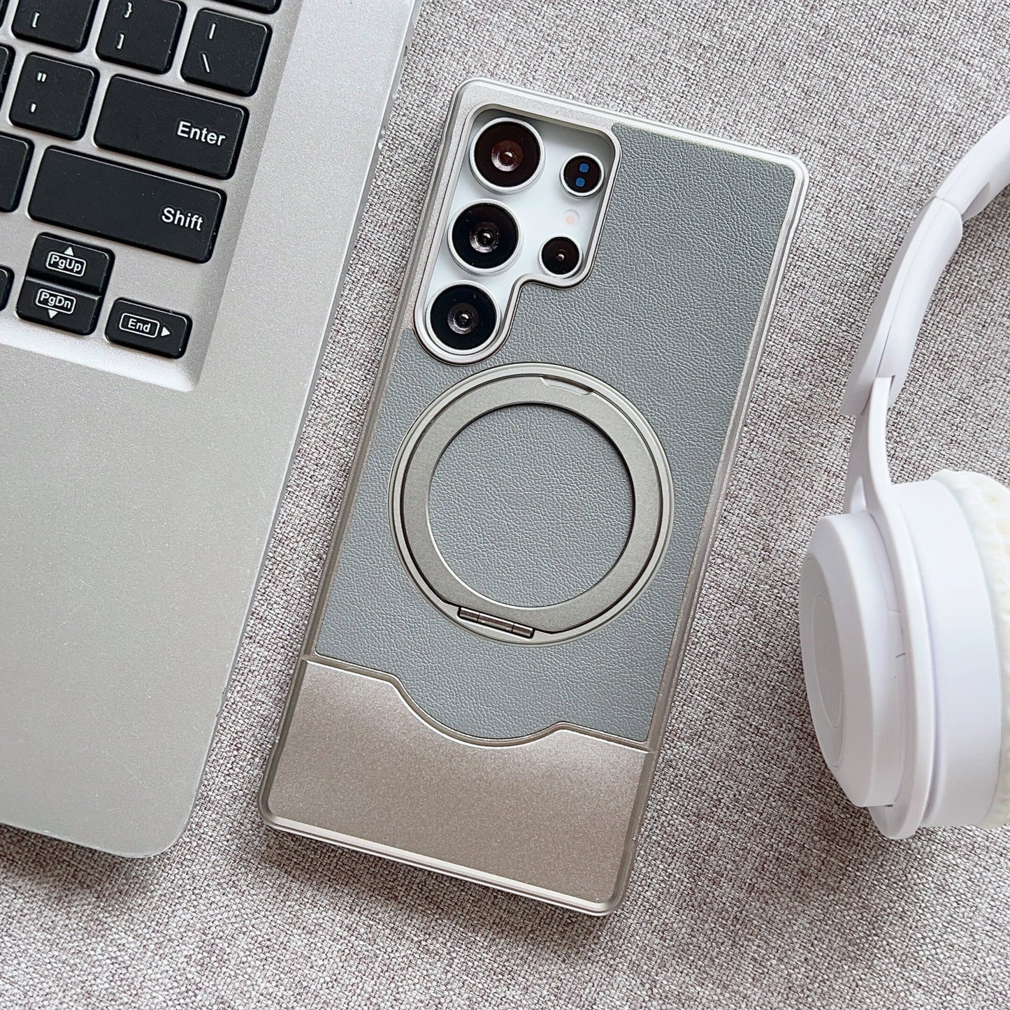 Armor King Bezel-less MagSafe Pivot Ring Stand Metal Alloy + Leather Telescopic Case Cover