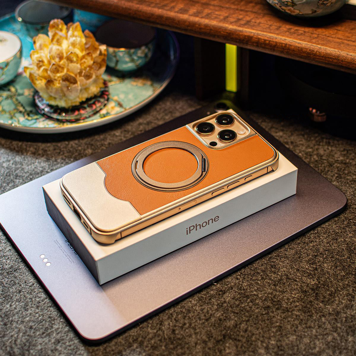 Armor King Bezel-less MagSafe Pivot Ring Stand Metal Alloy + Leather Telescopic Case Cover