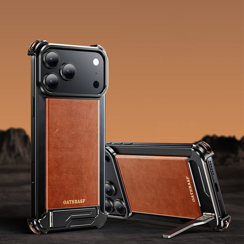 Oatsbasf Yilipi MagSafe Hidden Stand Genuine Leather Frameless Metal Case Cover