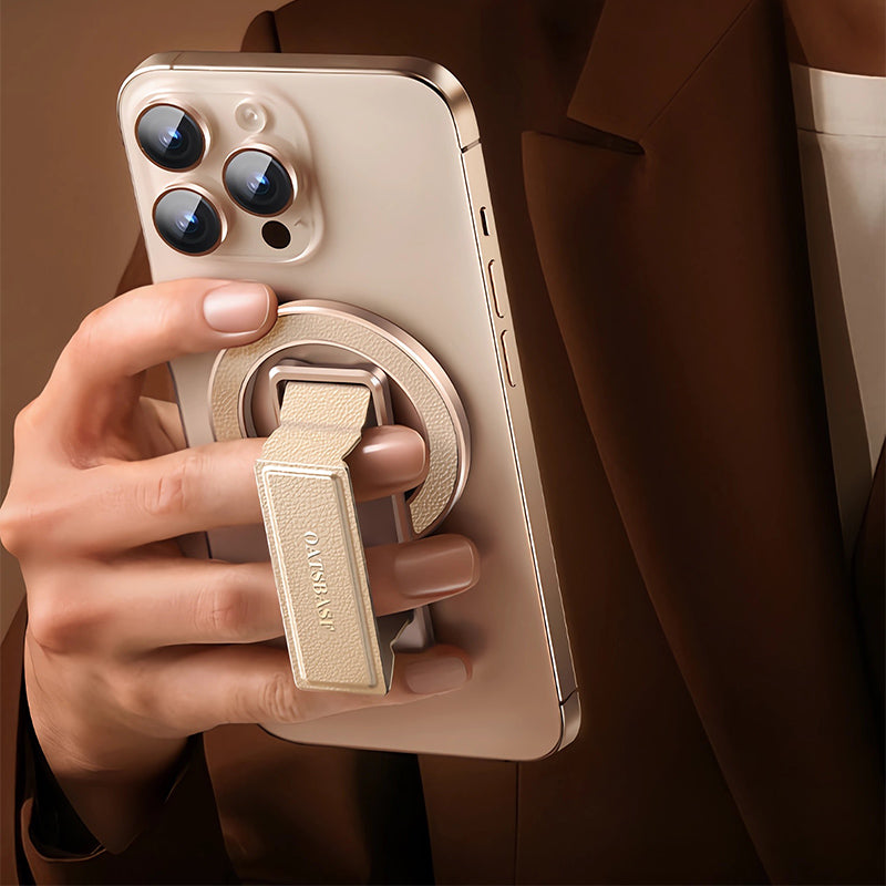 Oatsbasf Leather + Metal MagSafe Phone Strap Grip Ring Stand