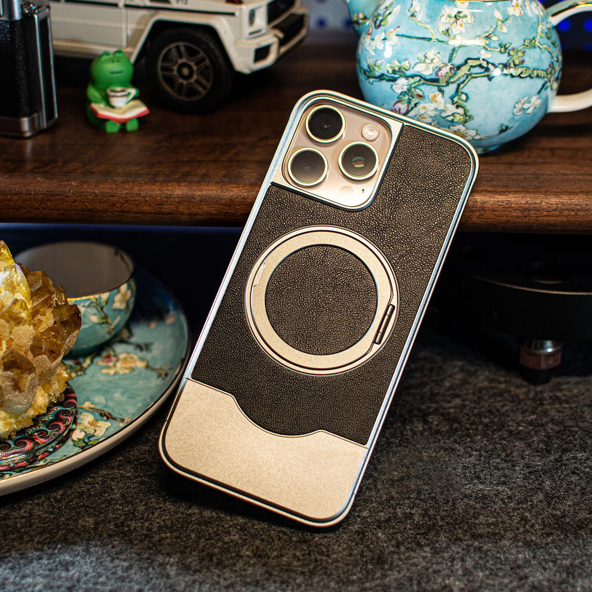 Armor King Bezel-less MagSafe Pivot Ring Stand Metal Alloy + Leather Telescopic Case Cover