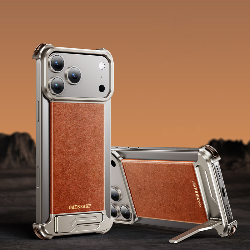Oatsbasf Yilipi MagSafe Hidden Stand Genuine Leather Frameless Metal Case Cover