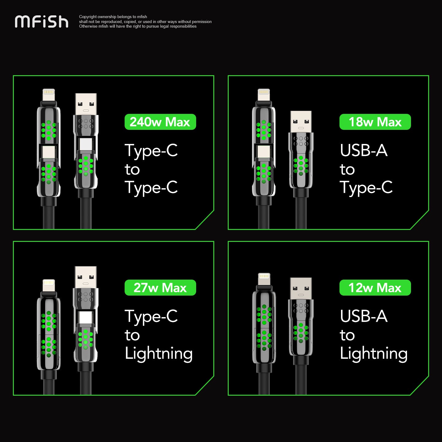 Mfish Armored Dragon VIII 240W USB-A+Type-C to Lightning+Type-C 4-in-1 Data Cable Charging Line