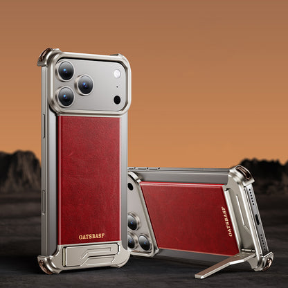 Oatsbasf Yilipi MagSafe Hidden Stand Genuine Leather Frameless Metal Case Cover