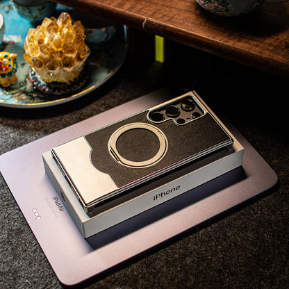 Armor King Bezel-less MagSafe Pivot Ring Stand Metal Alloy + Leather Telescopic Case Cover