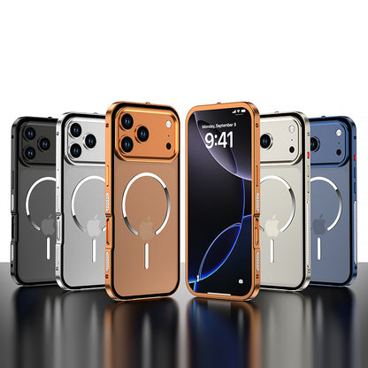 Armor King MagSafe Elastic Buckle Heat Dissipation Metal Bumper Frosted Acrylic Back Case Cover